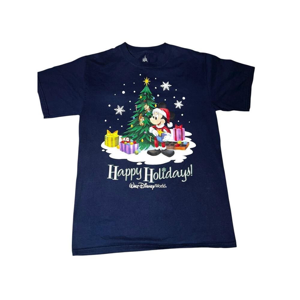Disney Parks blue Happy Holidays Christmas Mickey Mouse T-shirt size small